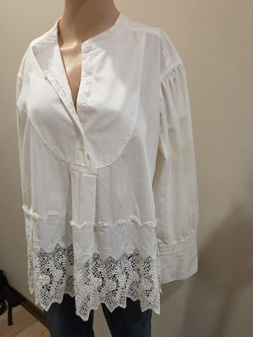 We The Free Cream Lace-Hem Henley Blouse
